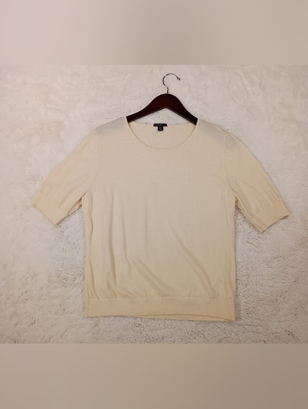 Lafayette 148 New York 100% Wool Short Sleeve Knit Sweater Cream Beige XL